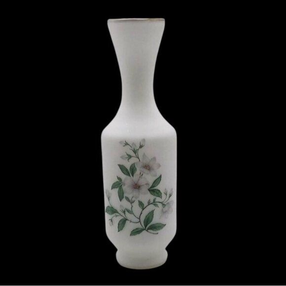 Vintage White Satin Glass Vase With Floral Design & Gold Trim - Picture 1 of 9